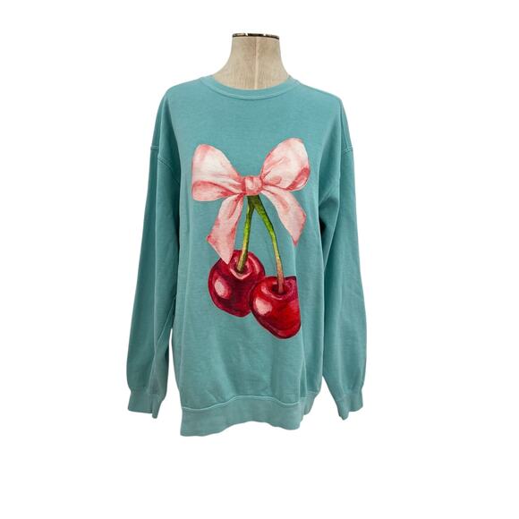 Comfort Colors Cherry Coquette Bow Sweatshirt Cotton Teal Blue‎ Size XL - Picture 1 of 9